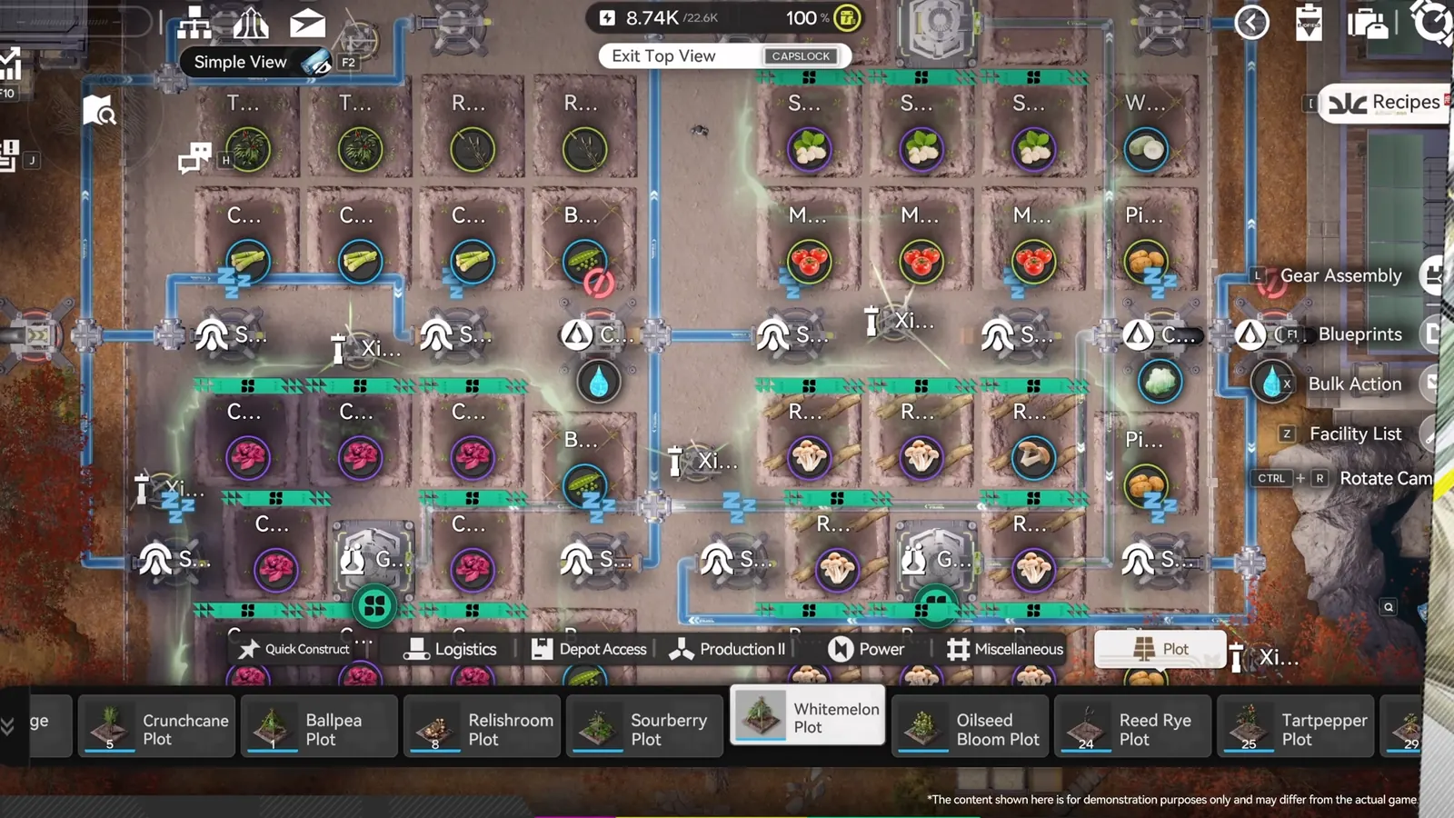 Endfield AIC farmland planner in top view: crop plots wired to sprinklers, with Crunchcane, Ballpea, Whitemelon and Tartpepper plots in the build bar