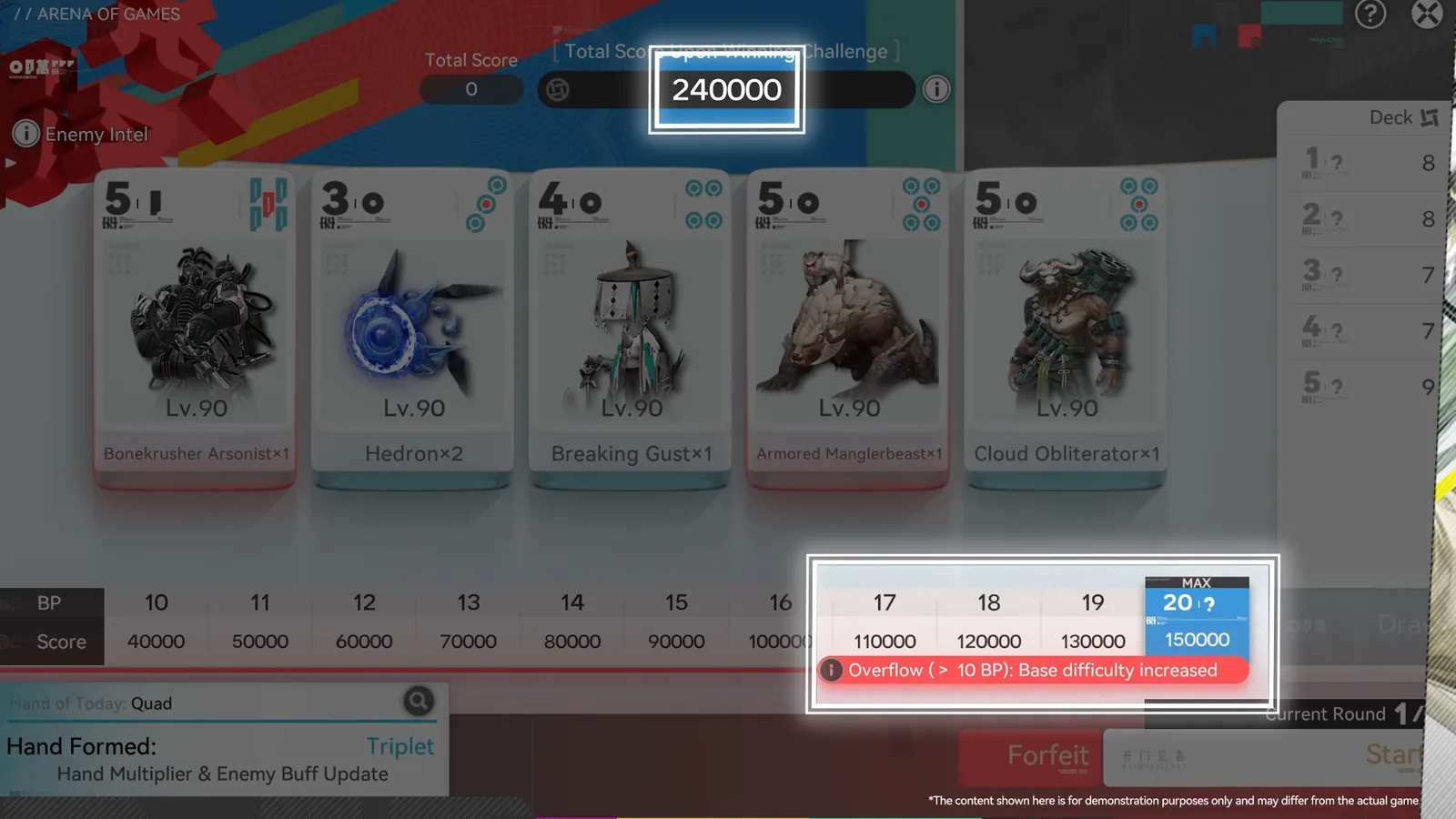 Endfield Arena of Games draw screen with Lv.90 enemy cards, BP track from 10 to MAX 20 worth 150,000 and the overflow warning