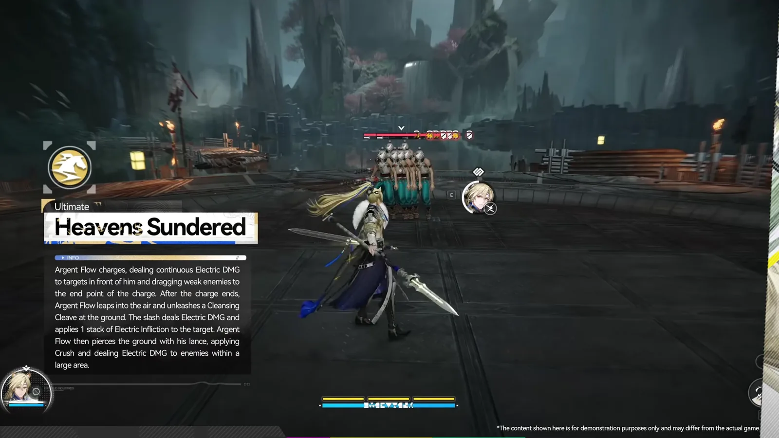 Endfield Argent Flow ultimate Heavens Sundered panel: a charge, a Cleansing Cleave and a lance strike applying Crush in a large area