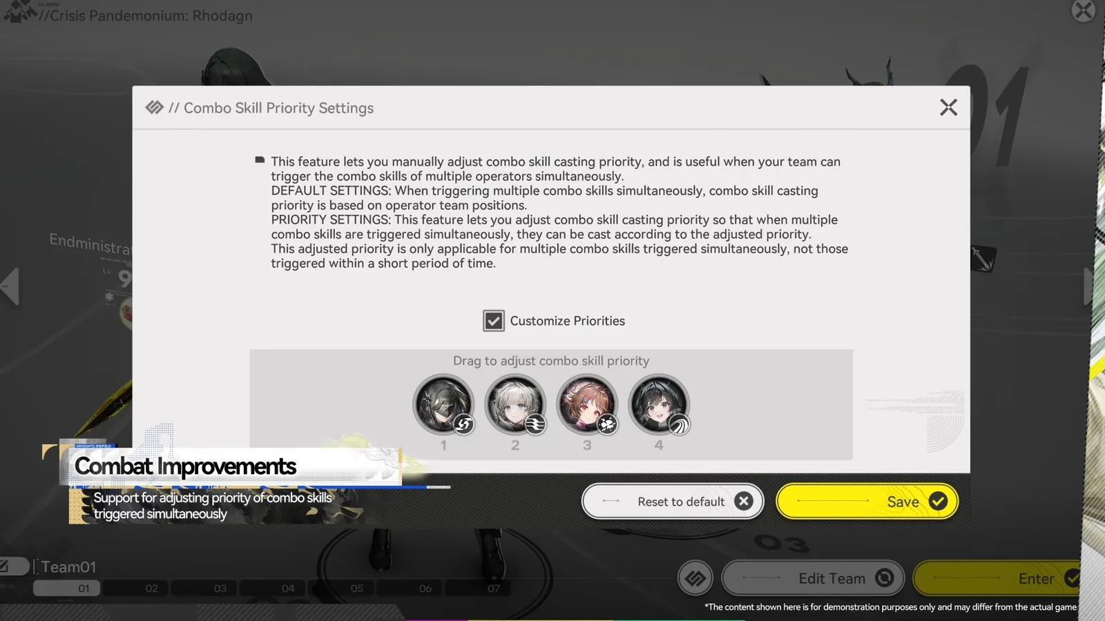 Endfield Combo Skill Priority Settings dialog with Customize Priorities ticked and four operators to drag into casting order