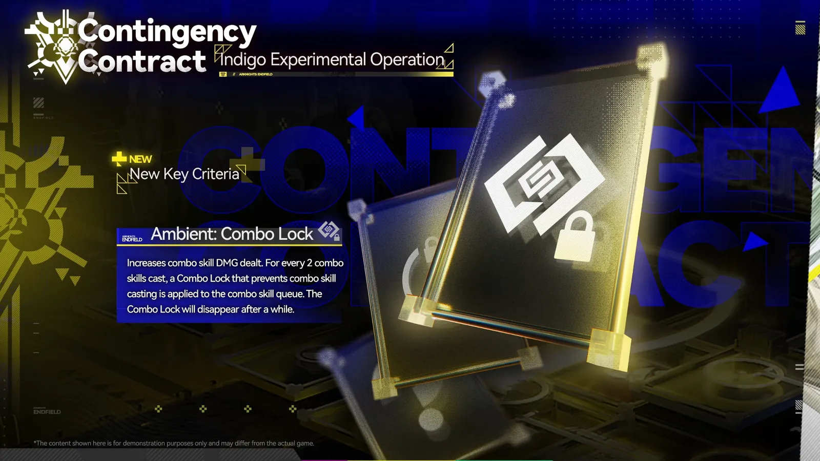 Endfield Contingency Contract Indigo Experimental Operation key criterion Ambient: Combo Lock, more combo damage but a lock every 2 casts