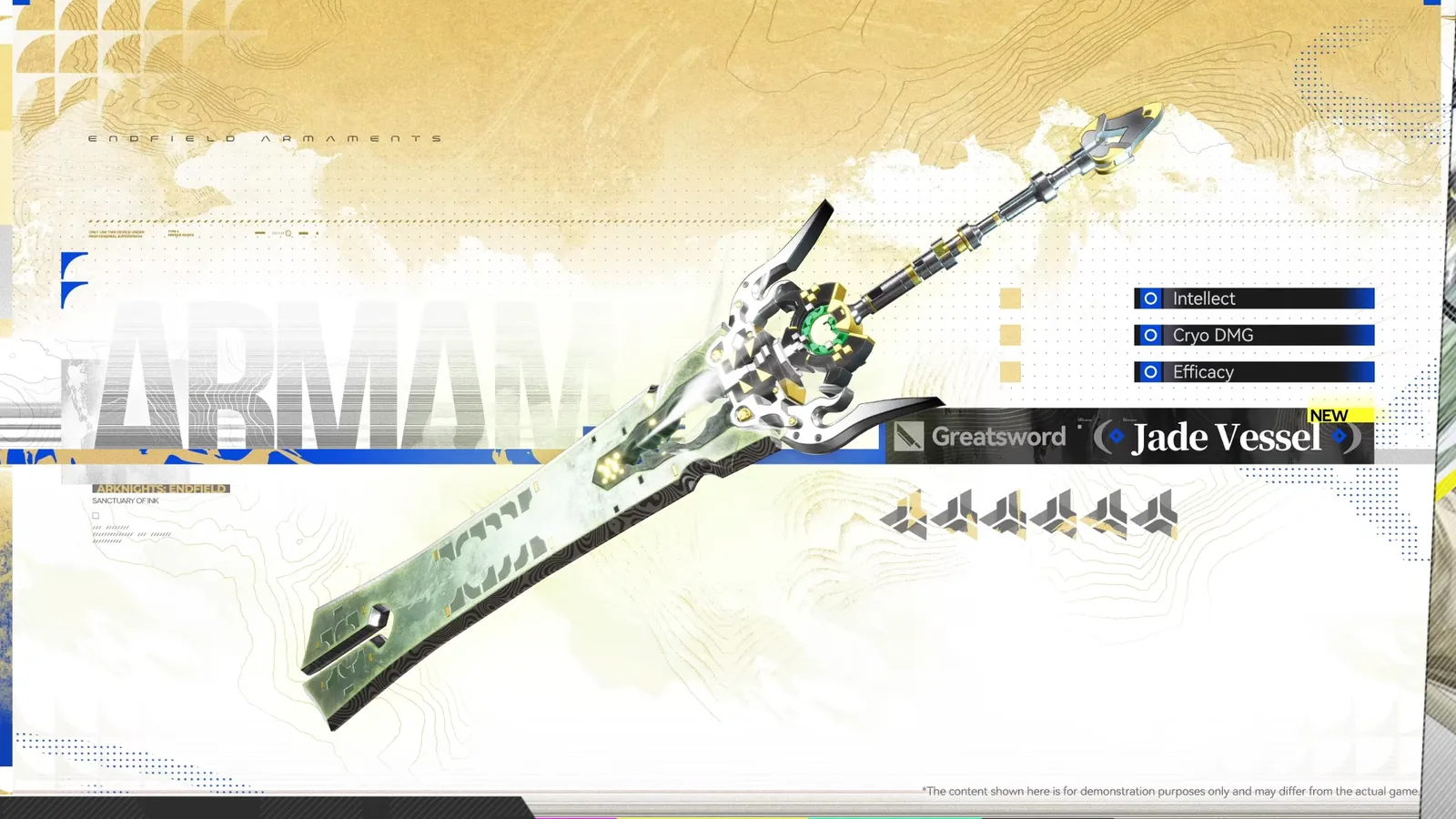 Endfield Jade Vessel, a new 6-star Greatsword with Intellect, Cryo DMG and Efficacy stat lines, shown in the 1.6 Special Program