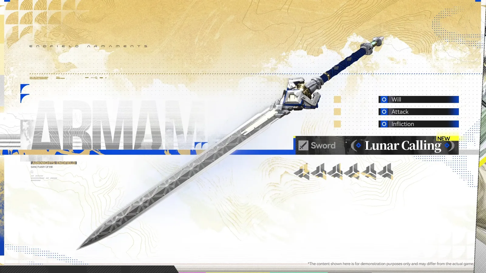Endfield Lunar Calling, a new 6-star Sword with Will, Attack and Infliction stat lines, from the Sanctuary of Ink weapon slides