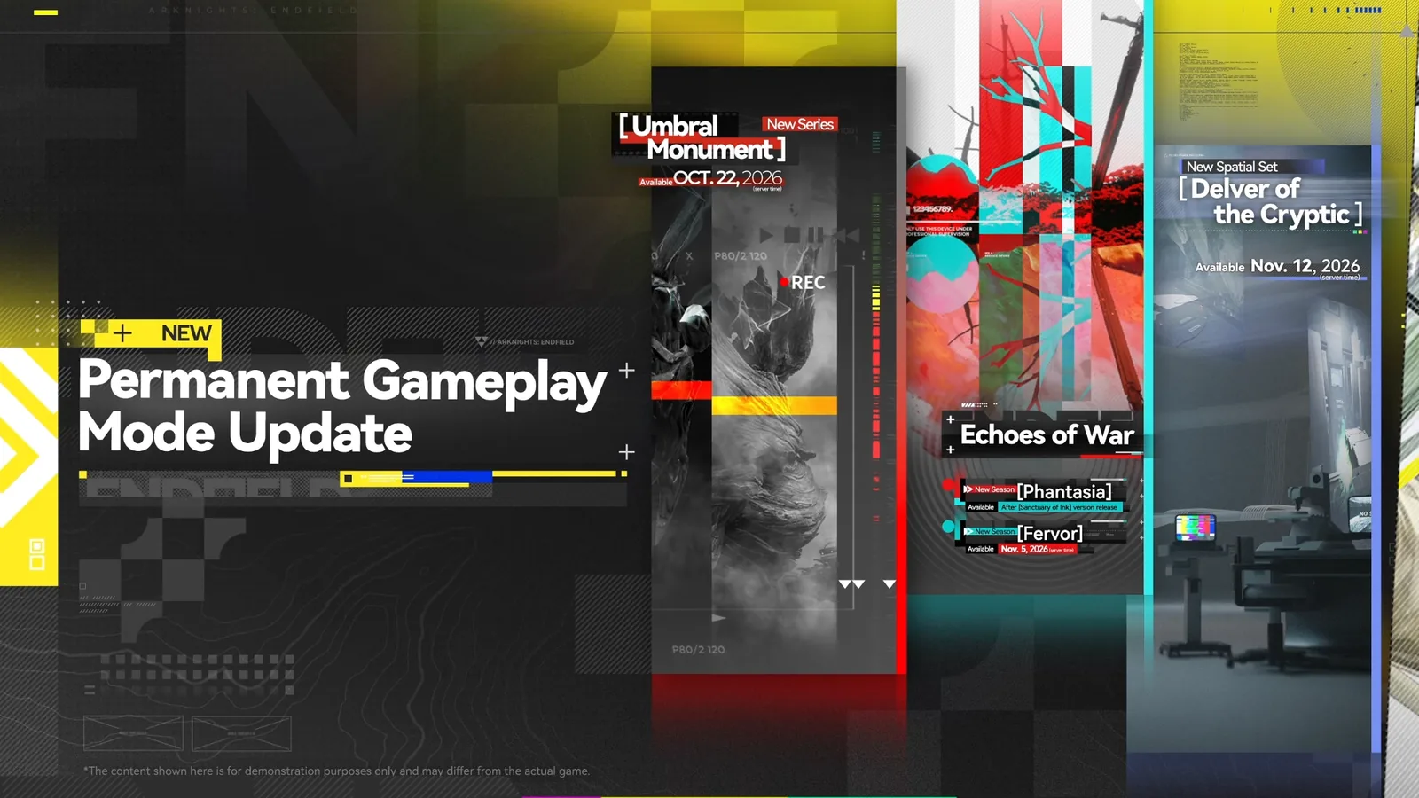 Endfield 1.6 Permanent Gameplay Mode Update slide: Umbral Monument new series Oct. 22, 2026, Echoes of War Phantasia and Fervor seasons, Delver of the Cryptic Nov. 12, 2026