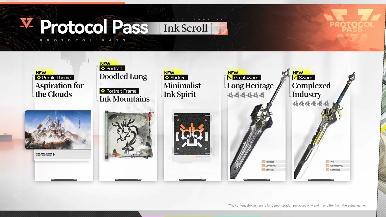 Endfield Protocol Pass Ink Scroll rewards: profile theme, portrait, frame, sticker, Long Heritage Greatsword and Complexed Industry Sword