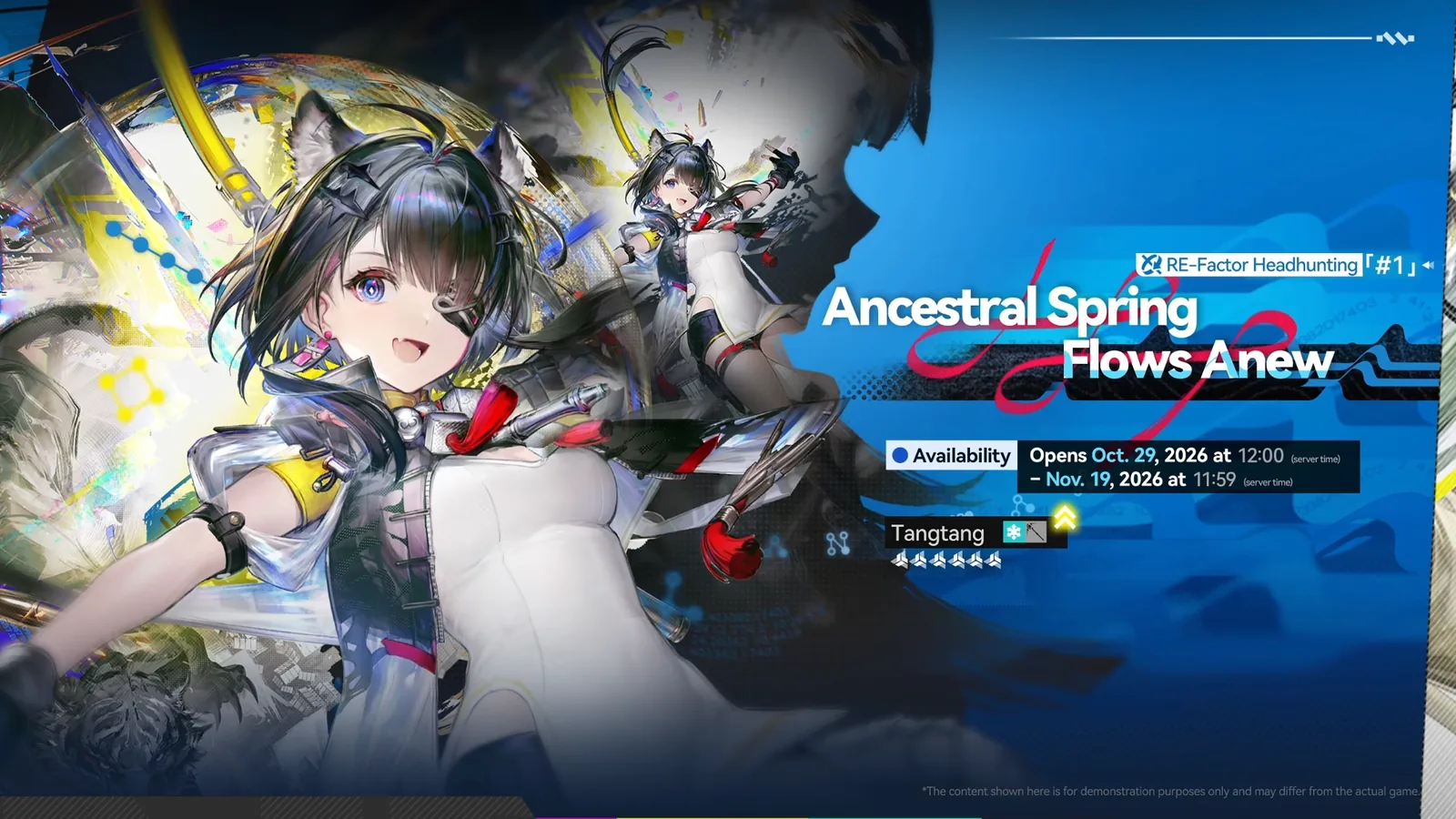 Endfield Tangtang rerun banner Ancestral Spring Flows Anew, RE-Factor Headhunting #1, open Oct. 29, 2026 at 12:00 to Nov. 19, 2026 at 11:59